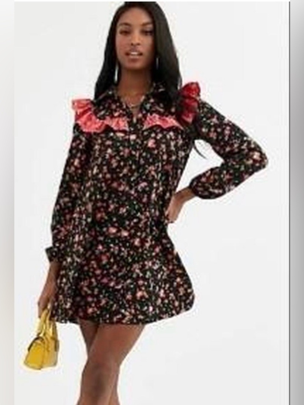 ASOS Black Floral A-Line Long-Sleeve Dress with Pink Ruffle Collar. FITS SZ US 4